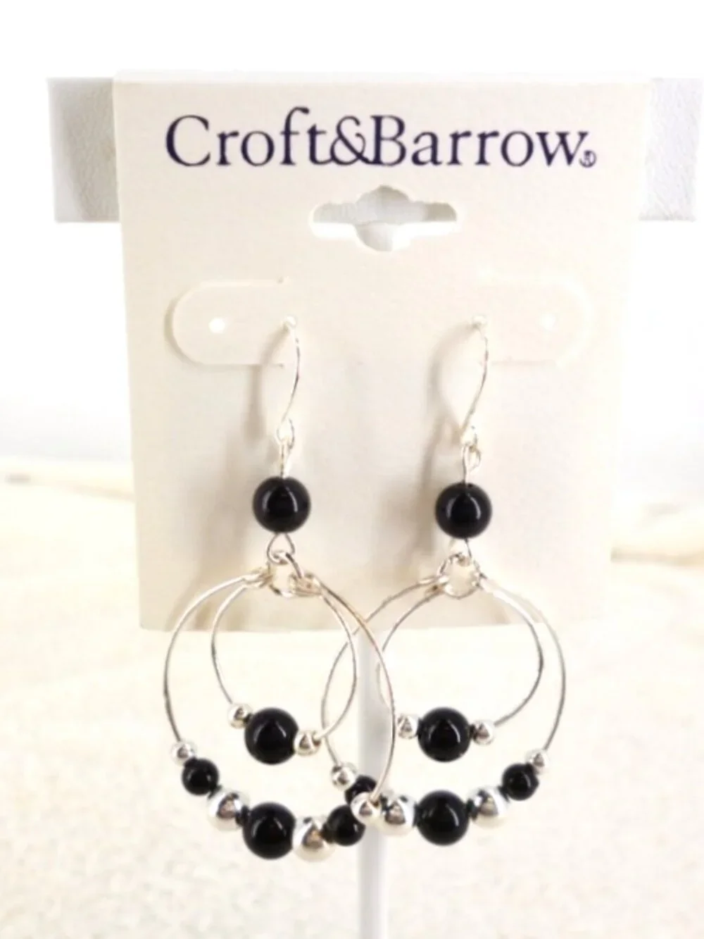 Croft & Barrow Double Hoop Earrings Silver Tone & Black w/ Beads NWT Perfect
